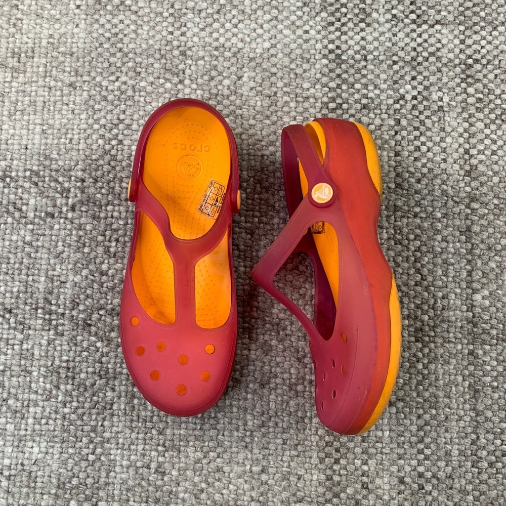 Crocs Adrina T-Strap Flat Womens 8 Raspberry Orange Translucent Jelly Shoes